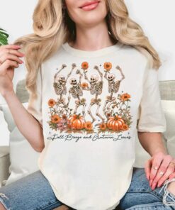 Dancing Skeleton T-Shirt, Fall Breeze Autumn Leaves Shirt, Dancing Skeleton Pumpkin Tee, Cute Spooky Floral Halloween Top