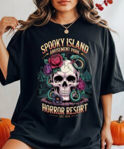 Vintage Spooky Island Amusement Park Horror Resort Skull Snake Graphic Tee, Horror Fans, Spooky Season Gift