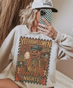 Retro Western Halloween Sweatshirt, Cowboy Skeleton Halloween Crewneck, Pumpkin Sweatshirt