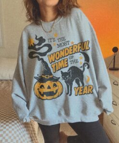 Vintage Halloween Sweatshirt, Retro Halloween Crewneck 90s Spooky Black Cat Sweater, Witchy Pumpkin Most Wonderful Time Witchy Fall Shirt