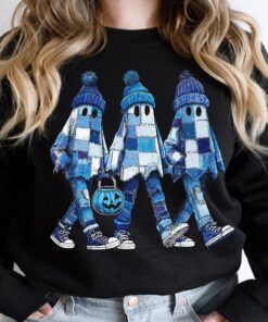 Retro Halloween Blue Denim Ghost Sweatshirt, Trendy Patchwork Spooky Ghost Sweater, Cute Boo Ghost Shirt, Spooky Season Tops