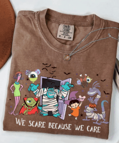 Monsters inc Halloween T-Shirt, Vintage Cartoon Graphic Tee, Spooky Season T-Shirt, We Scare Because We Care Top, Disney Shirt