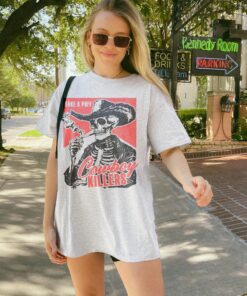 Smoking Skeleton Unisex Adult Tee, Cowboy Killers Shirt, Funny Skull Graphic T-Shirt, Vintage Western Grunge Shirt, Edgy Alt Clothing Gift