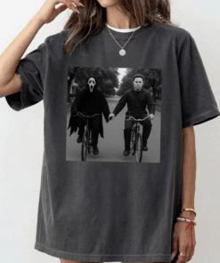 Ghostface and Michael Myers Biking While Holding Hands Tee, Halloween Horror Movies Shirt