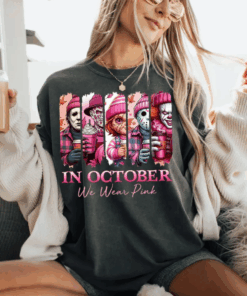 In October We Wear Pink Tshirt, Friends Horror Sweatshirt, Horror Movie Killers, Pink Ribbon Shirt, Breast Cancer Halloween