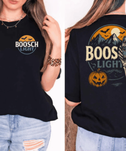 Boosch Light Shirt, Halloween Beer T-Shirt, Busch Light Parody Tee, Skeleton Hand Jack O Lantern Ghost Bats, Boosch Light Two-Sided Hoodie