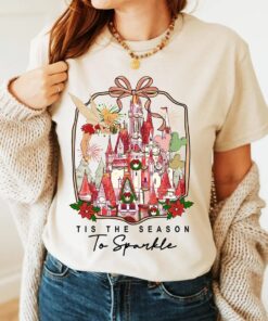 Disney Tinkerbell Christmas Shirt, Disney Coquette Tis The Season To Sparkle T-Shirt, Christmas Magic Castle Mickey Balloon Tee