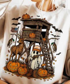 Retro Halloween Deer Hunting Ghost T-Shirt, Candy Hunter Tee, Camo Ghost Boys Shirt, Halloween Camo Boys, Spooky Pumpkin, Boys Fall, Fall Hunting