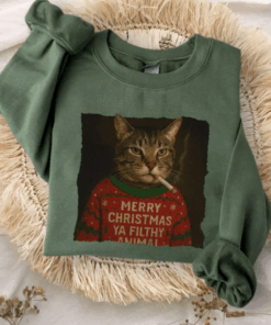 Funny Christmas Smoking Cat Sweatshirt, Sarcastic Holiday Meme Hoodie, Cool Cat Lover Gift, Vintage Grunge Xmas Cat Tee, Ironic Pet Shirt