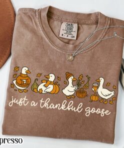 Thanksgiving Goose Shirt Thankful Fall Cozy Tshirt, Funny Cute Pumpkin Spice T-shirt, Coffee Weather Leaves Tee Gift For Mom