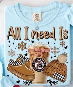 All I Need Is 7 Brew Coffee Shirt, Cozy Winter Coffee Lover Shirt, Iced Latte Holiday Shirt, Iced Coffee Vibes, Coquette Bow Christmas 7 Brew