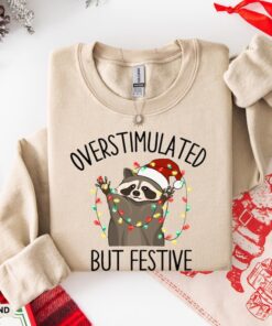 Overstimulated But Festive Racoon Christmas Sweatshirt, Funny Racoon Christmas Sweat, Racoon Christmas Hoodie, Funny Meme Cewneck