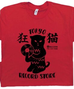 Tokyo Record Store T Shirt, Black Cat T Shirt, Vinyl Record Player Cool Vintage Rock Tee, DJ Graphic Melting Band Music Import Japan Tee