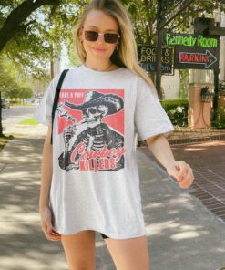 Smoking Skeleton Unisex Adult Tee, Cowboy Killers Shirt, Funny Skull Graphic T-Shirt, Vintage Western Grunge Shirt, Edgy Alt Clothing Gift