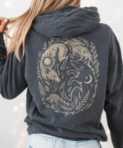Fox Yin Yang Back Print Hoodie, Sun Moon Hooded Sweatshirt, Witchy Forestcore Pullover, Mystical Animal Graphic Dark Academia Naturecore