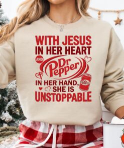With Jesus in Her Heart Dr Pepper in Her Hand She’s Unstoppable Sweatshirt, Christmas Soda Sweater, Soda Lover Christmas Gift, Coke Lovers