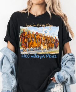 Love in Every Step Shirt, Peaceful Walking Art Tee, Mindfulness Dog & Robe Figure, Yoga Gift
