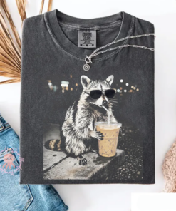 Raccoon Drinking Iced Coffee T-Shirt, Funny Animal Meme Tee, Coffee Lover Raccoon Shirt, Unisex Graphic Top