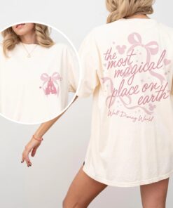 Vintage Cinderella Castle Coquette Bow 2 Side T-Shirt, The Most Magical Place On Earth Tee, Magic Kingdom, Walt Disney World Family Trip Shirt