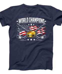 USA World Champions Shirt, Patriotic Hockey Tee, American Flag Gold Puck, Team Pride Gift Unisex Graphic T-shirt