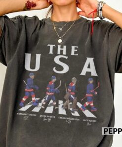 USA Walking Road Signatures Ice Hockey Shirt, Jack Hughes Quinn Hughes Connor Hellebuyck Gift For Fan Hockey Unisex