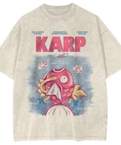 Jaws Movie Poster Magikarp Shirt, Funny Anime Parody T-Shirt, Unisex Washed Vintage Graphic Tee, Oversize Streetwear Top