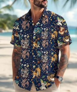 Anime Fox Pattern Hawaiian Shirt, Navy Blue Summer Button Down