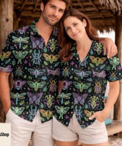 Insect Hawaiian Shirt, Glow Bug Aloha Shirt, Colorful Butterfly Dragonfly Vintage Bug Grunge T-Shirt