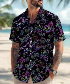 Neon Gengar Hawaiian Shirt, Funny Ghost Tropical Button Up, Summer Beach Outfit