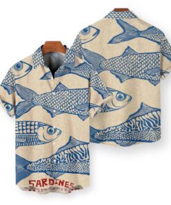 Retro Sardines Hawaiian Shirt, Vintage Fish Print Button Up