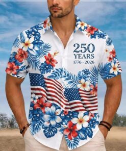 250 Years 1776-2026 USA Hawaiian Shirt, Patriotic Tropical Flower Beach Button Shirt, American Flag Summer Shirt, 250th Birthday Gift