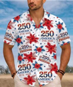 250 Years America 1776-2026 Hawaiian Shirt, Patriotic Hibiscus Floral Button Shirt, USA 250th Anniversary Shirt