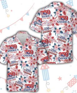 250 Years Of America Hawaiian Shirt For Men Women, 1776-2026 Patriotic Button Up Shirt Floral 4th Of July Shirt Independence Day Aloha Shirt