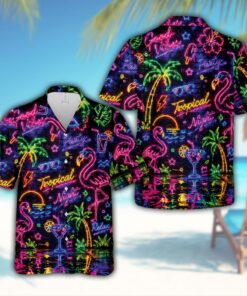 Neon Tropical Flamingo Hawaiian Shirt, Retro Night Aloha Button Up