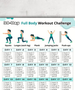 30 Day Full Body Workout Challenge, At Home Exercise Chart, No Equipment Art