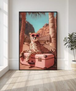 Animal poster, Cheetah sunglasses wall art, desert animal print, pink suitcase poster, stylish leopard artwork, modern tropical travel decor