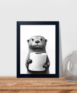 Bathroom Picture Wall Decor, Framed Black and White Bathroom Wall Art, Toilet Paper in Little Funny Raccoon's Hand Animal Canvas Print Painting