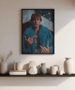 Bieber 2026 Poster Aesthetic Justin Bieber Wall Art, Modern Blue Fur Coat Performance Print, Minimalist Pop Music Icon Decor
