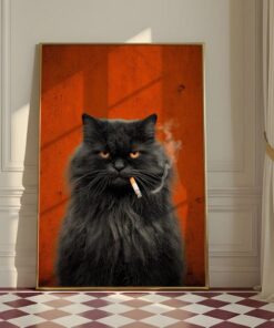 Black Cat Smoking Print, Orange Wall Decor, Funny Bar Cart Art, Moody Animal Poster, Grumpy Cat Wall Art, Retro Pet Portrait, Unframed