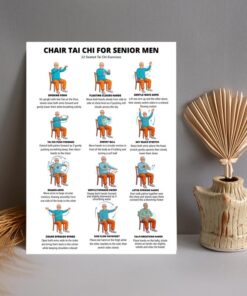 Chair Tai Chi for Senior Men Poster, 12 Seated Exercises Chart, Gentle Mobility Wall Art