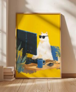 Cool Cat Computer Poster, Funny Animal Wall Art, Modern Quirky Digital Illustration for Home Office Decor