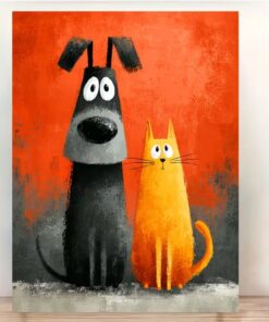 Cute Dog and Cat Best Friends Watercolor Canvas Art Pet Lover Room Wall Decor