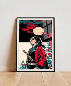 Demon Slay Moonlit Samurai Matte Poster, Anime Character, Red Cloak, Full Moon