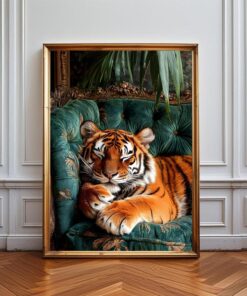 Elegant tiger wall, luxury jungle animal poster, tiger on velvet sofa print, exotic wildlife decor, artistic statement piece for living room