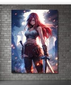 Erza Scarlet Forest Warrior Metal Poster, Fairy Tail Anime Wall Art, Swordswoman Decor Sign