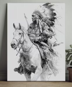Funny Manga Style Native American Warrior on Horse Black and White Tribal Art