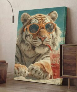 Funny Tiger Drinking Soda Canvas Print, Cool Animal With Sunglasses Wall Art, Retro Summer Beach Decor, Quirky Vintage Pop Art Poster