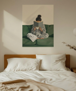 Emerald Green Woman Reading Poster, Aesthetic Reading Canvas, Bookish Wall Art for Living Room