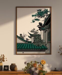 Hidden Ninja Art Print - Green Roof Temple Poster - Stealth Japan Style Wall Decor