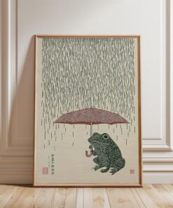 Japanese Frog with Umbrella Poster, Woodblock Art Print